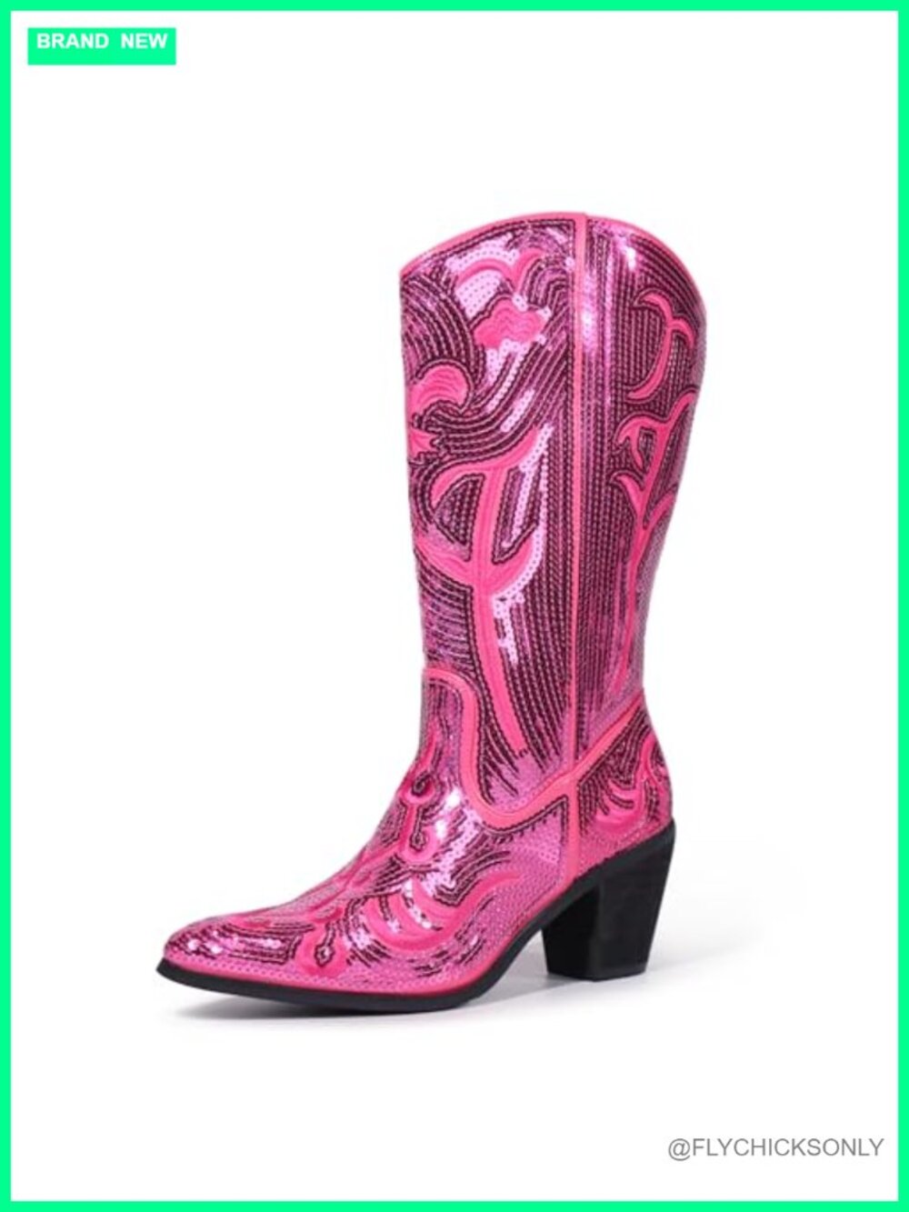 Sequin Embroidered Mid Calf Western Cowboy Boots Pointed Toe Zipper